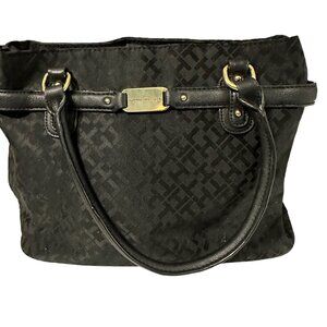 Tommy Hilfiger black on black print fabric multi-compartment double handle purse